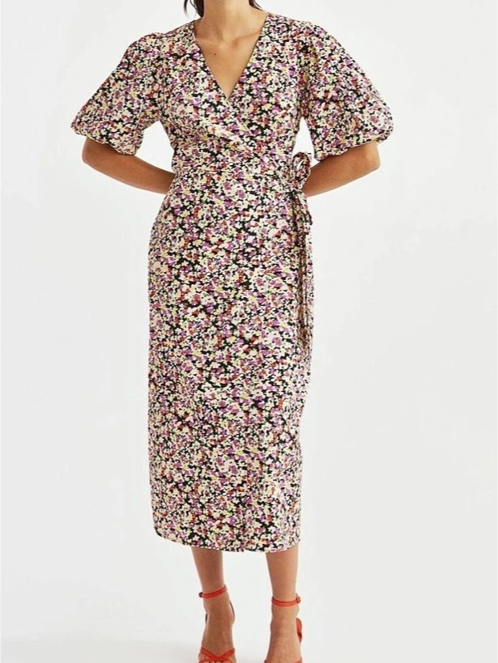 H&M Floral Midi Dress in Pink & Black